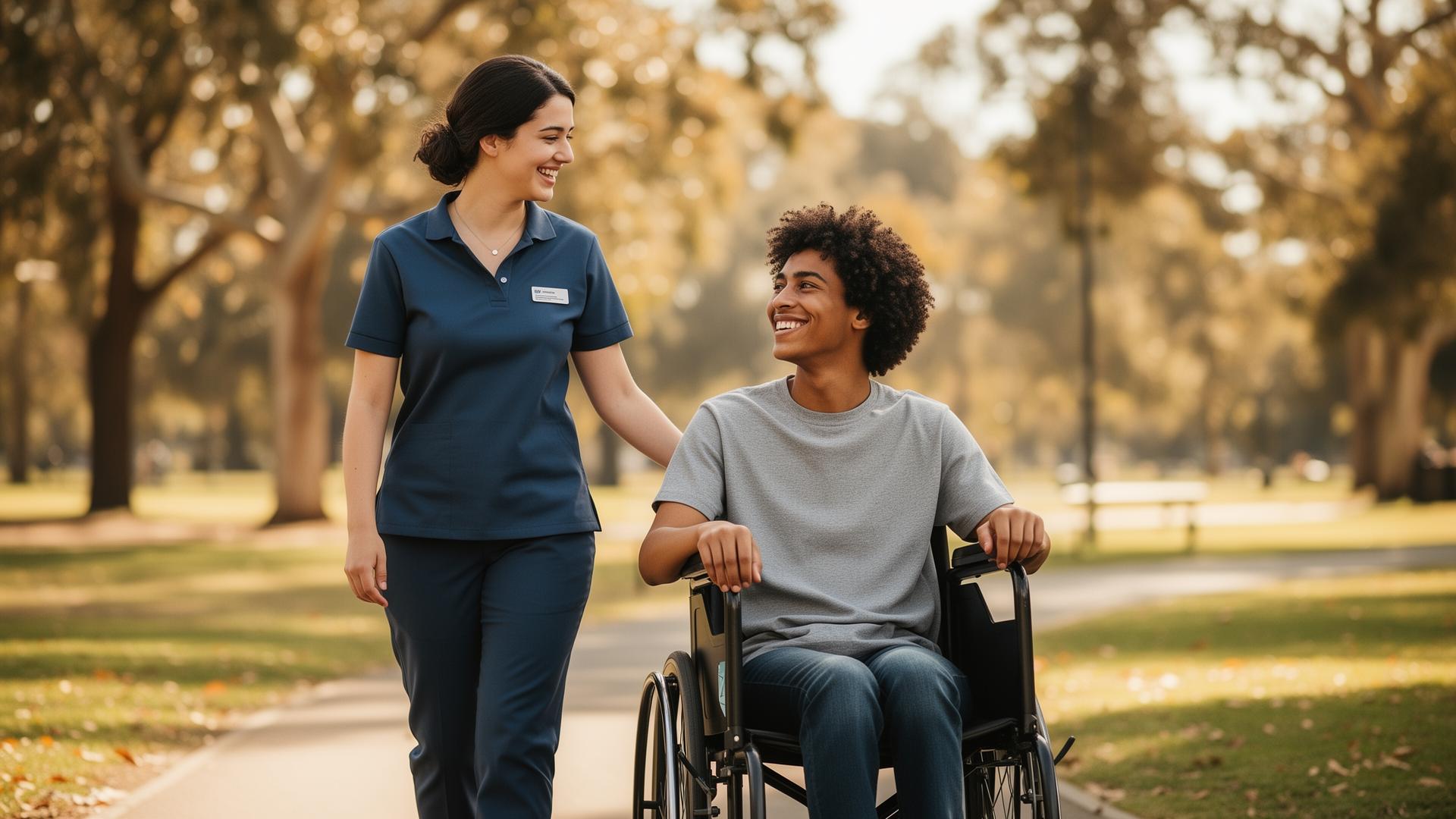 A support worker walking alongside a smiling participant outdoors